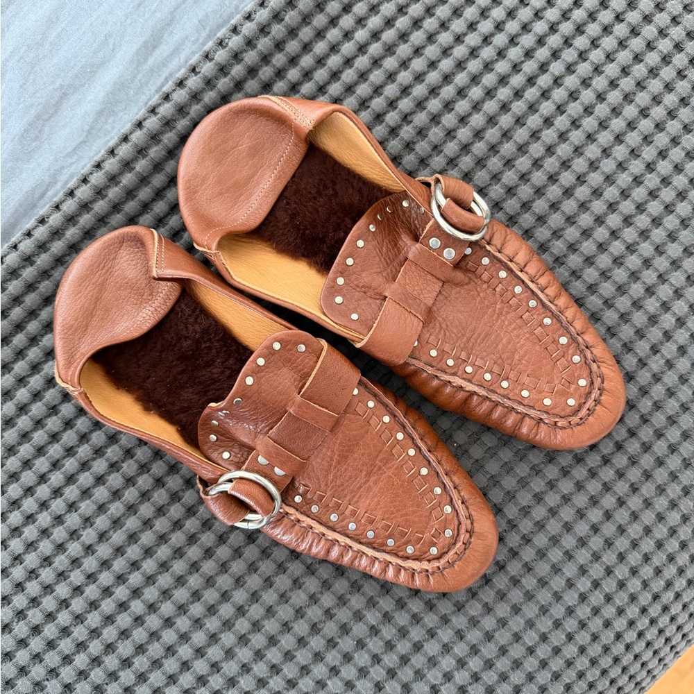 Women's Tan Leather Loafers with Studded Detail (Miu Miu style)